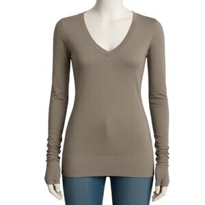 Revolve LA Made Womens Medium Slub Jersey Top Olive Green V Neck Thumbholes NWT